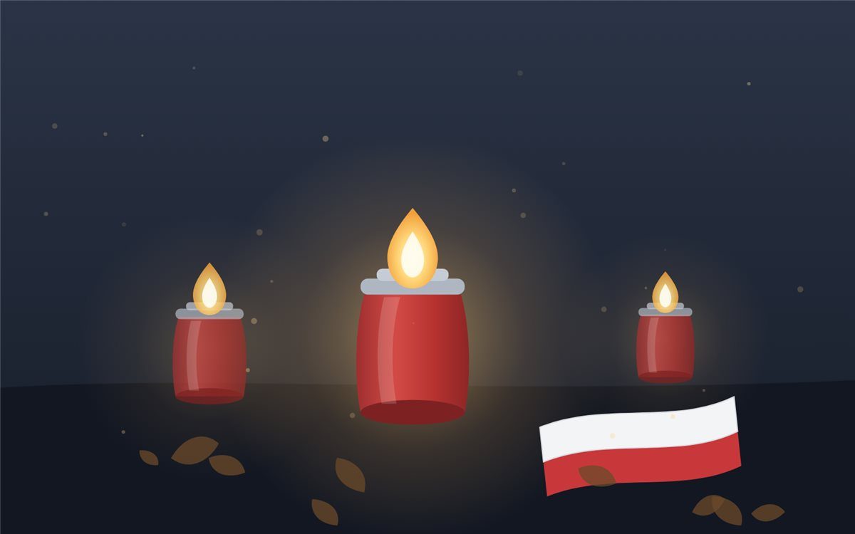 Grafika wektorowa na ciemnym tle zapalone świeczki i flaga Polski
